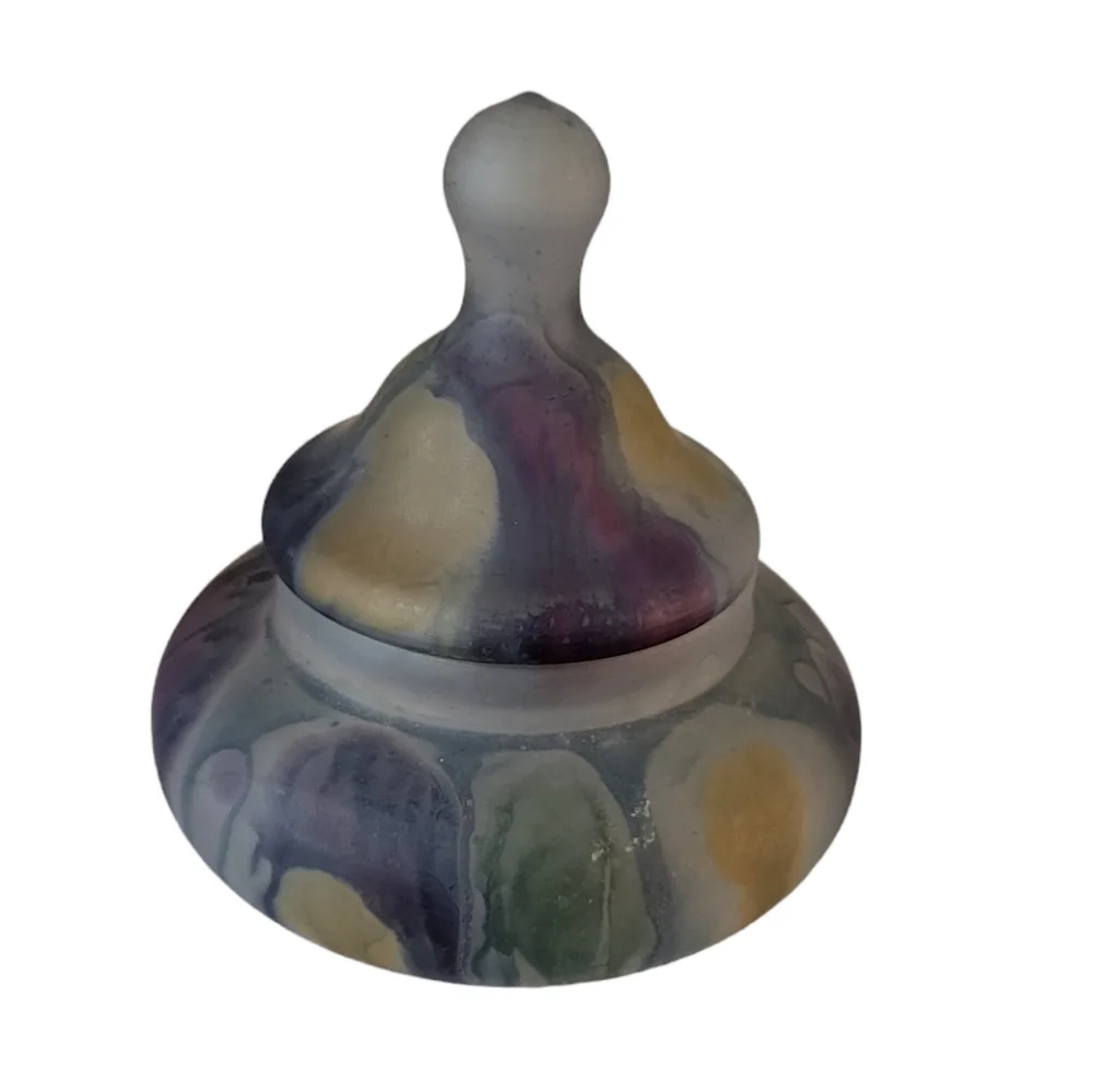 Vintage Ruevens Art Glass Lidded Dish Hand Painted